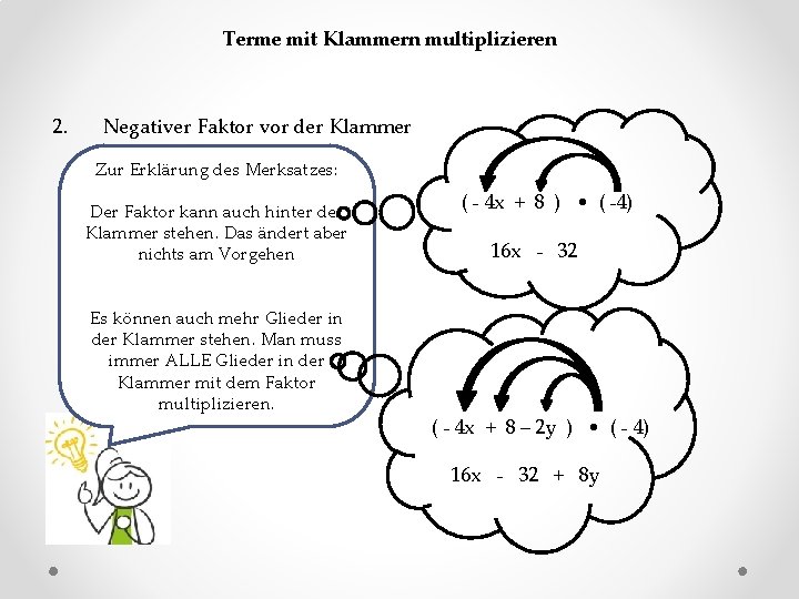 Terme mit Klammern multiplizieren 2. Negativer Faktor vor der Klammer Zur Erklärung des Merksatzes: