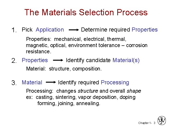 The Materials Selection Process 1. Pick Application Determine required Properties: mechanical, electrical, thermal, magnetic,