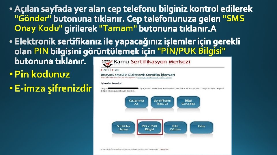 "Gönder" Onay Kodu" PIN • Pin kodunuz • E‐imza şifrenizdir "Tamam" "SMS "PIN/PUK Bilgisi"