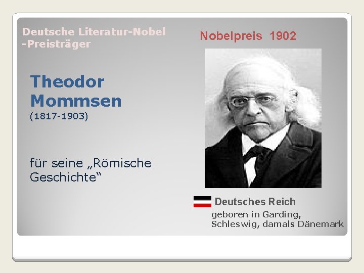 Deutsche Literatur-Nobel -Preisträger Nobelpreis 1902 Theodor Mommsen (1817 -1903) für seine „Römische Geschichte“ Deutsches