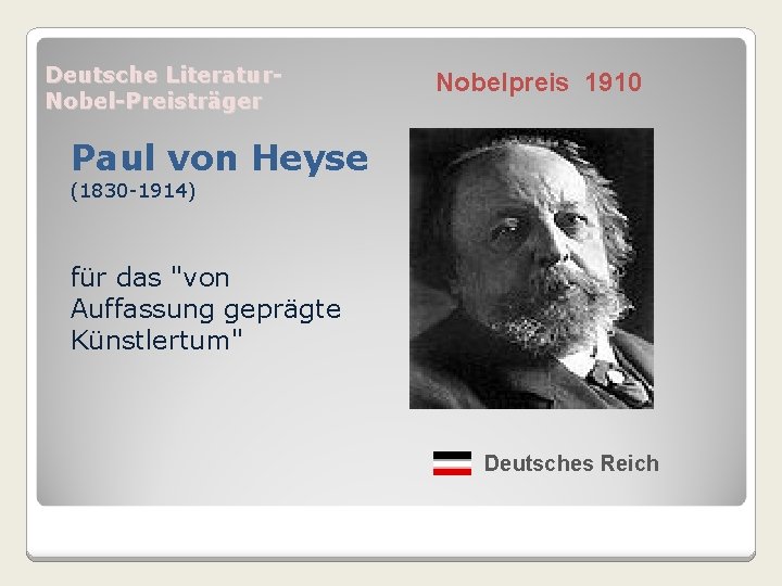 Deutsche Literatur. Nobel-Preisträger Nobelpreis 1910 Paul von Heyse (1830 -1914) für das "von Auffassung