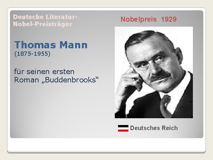 Deutsche Literatur. Nobel-Preisträger Nobelpreis 1929 Thomas Mann (1875 -1955) für seinen ersten Roman „Buddenbrooks“