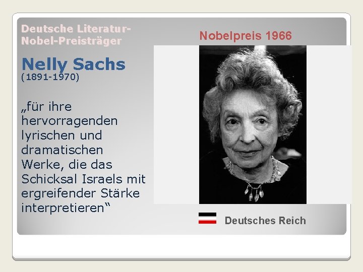 Deutsche Literatur. Nobel-Preisträger Nobelpreis 1966 Nelly Sachs (1891 -1970) „für ihre hervorragenden lyrischen und