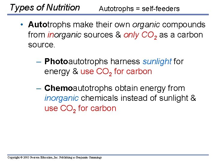 Types of Nutrition Autotrophs = self-feeders • Autotrophs make their own organic compounds from