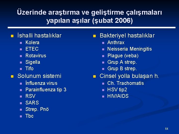 Üzerinde araştırma ve geliştirme çalışmaları yapılan aşılar (şubat 2006) n İshalli hastalıklar n n