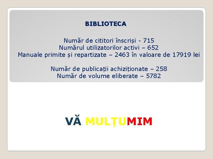 BIBLIOTECA Număr de cititori înscriși - 715 Numărul utilizatorilor activi – 652 Manuale primite BIBLIOTECA Număr de cititori înscriși - 715 Numărul utilizatorilor activi – 652 Manuale primite