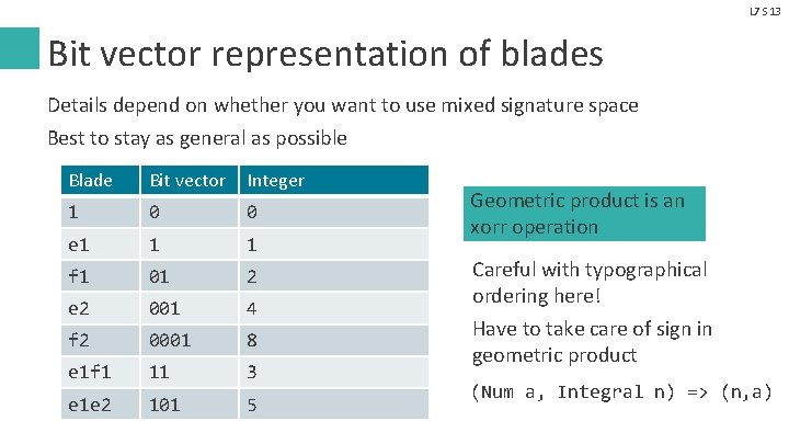 L 7 S 13 Bit vector representation of blades Details depend on whether you