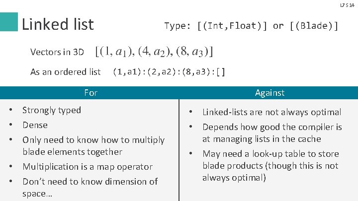 L 7 S 14 Linked list Type: [(Int, Float)] or [(Blade)] Vectors in 3