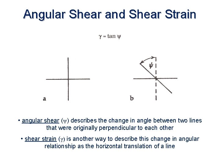 Angular Shear and Shear Strain • angular shear (ψ) describes the change in angle