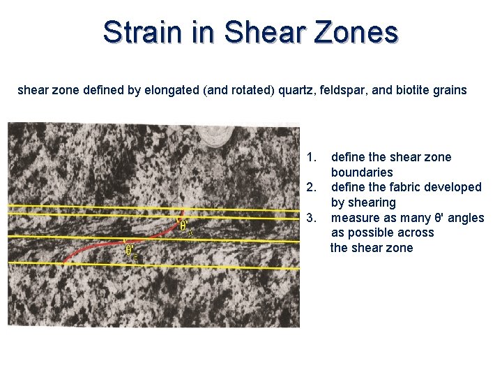 Strain in Shear Zones shear zone defined by elongated (and rotated) quartz, feldspar, and