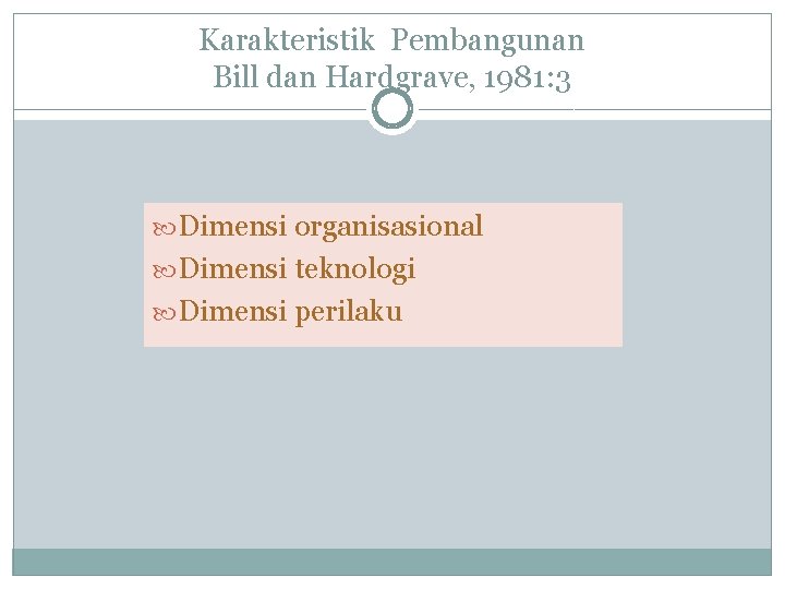 Karakteristik Pembangunan Bill dan Hardgrave, 1981: 3 Dimensi organisasional Dimensi teknologi Dimensi perilaku 