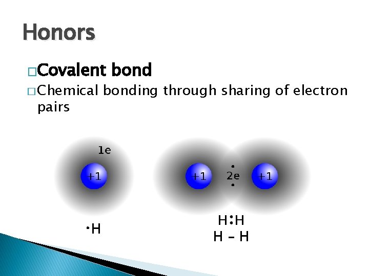 Honors �Covalent � Chemical pairs bonding through sharing of electron 