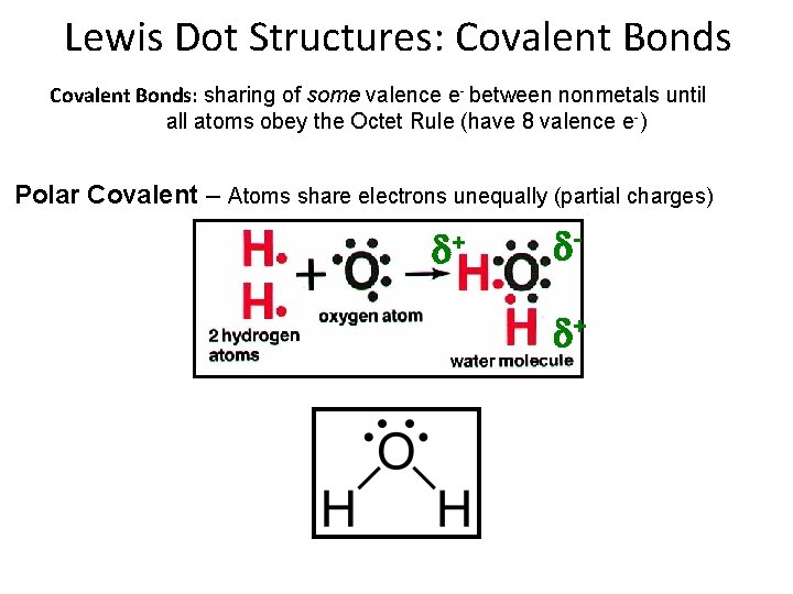 Lewis Dot Structures: Covalent Bonds: sharing of some valence e- between nonmetals until all