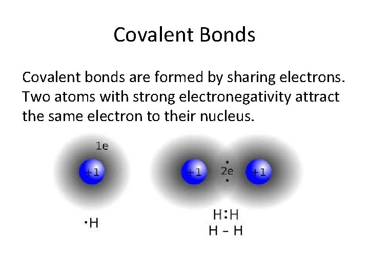 Covalent Bonds Covalent bonds are formed by sharing electrons. Two atoms with strong electronegativity