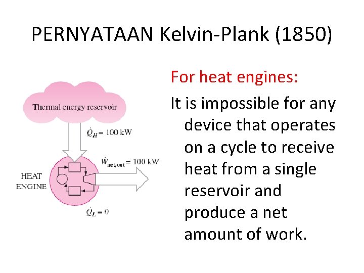 PERNYATAAN Kelvin-Plank (1850) For heat engines: It is impossible for any device that operates