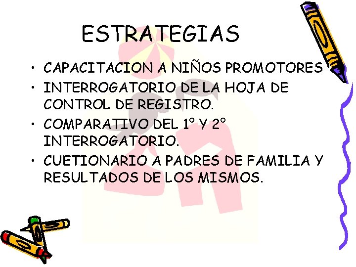 ESTRATEGIAS • CAPACITACION A NIÑOS PROMOTORES • INTERROGATORIO DE LA HOJA DE CONTROL DE