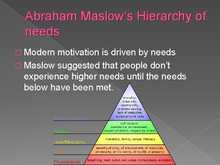 Abraham Maslow’s Hierarchy of needs � Modern motivation is driven by needs � Maslow