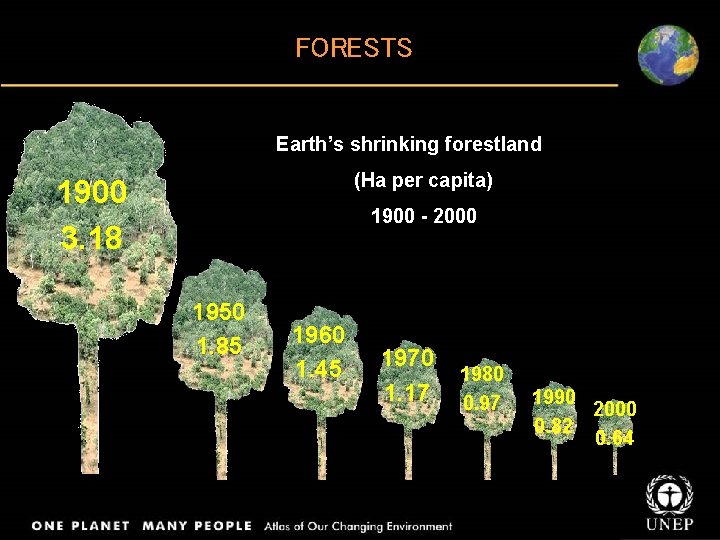 FORESTS Earth’s shrinking forestland (Ha per capita) 1900 3. 18 1900 - 2000 1950