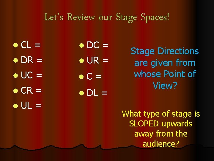 Let’s Review our Stage Spaces! l CL = l DC = l DR =