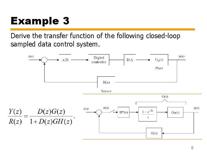 Example 3 Derive the transfer function of the following closed-loop sampled data control system. Example 3 Derive the transfer function of the following closed-loop sampled data control system.