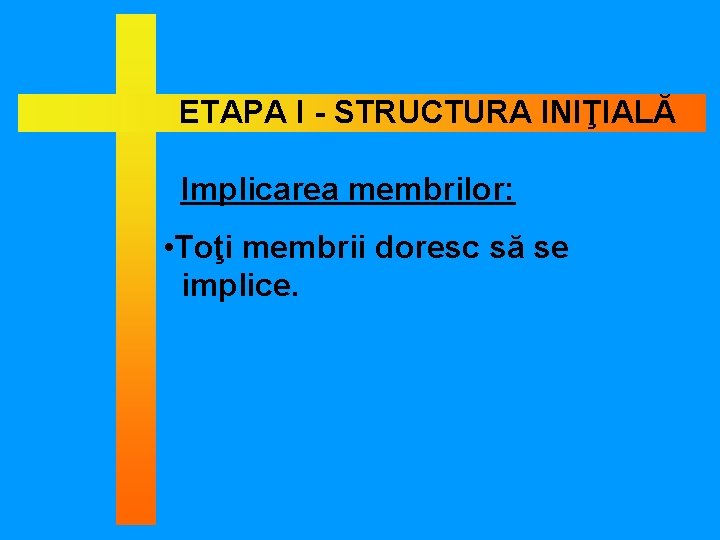 ETAPA I - STRUCTURA INIŢIALĂ Implicarea membrilor: • Toţi membrii doresc să se implice.