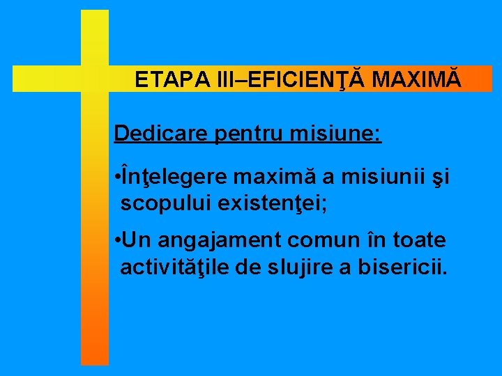 ETAPA III–EFICIENŢĂ MAXIMĂ Dedicare pentru misiune: • Înţelegere maximă a misiunii şi scopului existenţei;