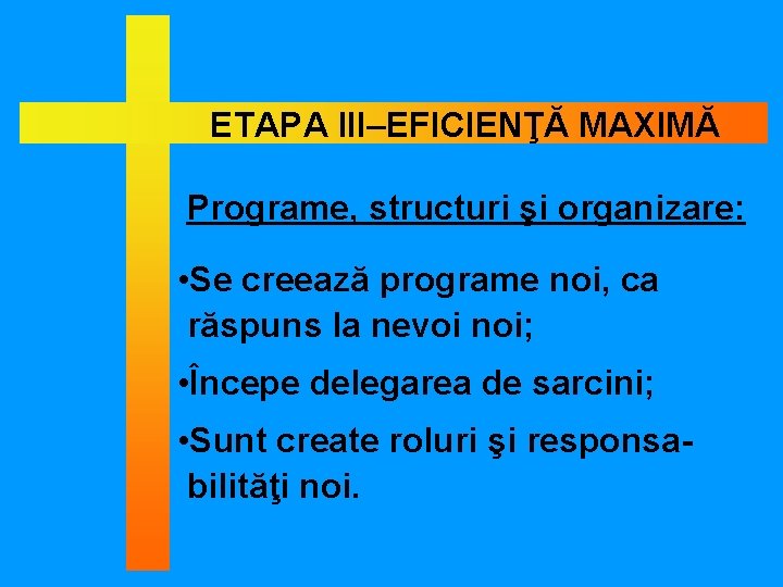 ETAPA III–EFICIENŢĂ MAXIMĂ Programe, structuri şi organizare: • Se creează programe noi, ca răspuns