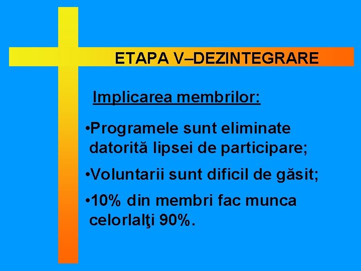 ETAPA V–DEZINTEGRARE Implicarea membrilor: • Programele sunt eliminate datorită lipsei de participare; • Voluntarii