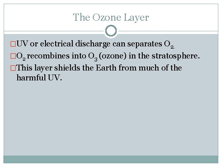 The Ozone Layer �UV or electrical discharge can separates O 2. �O 2 recombines