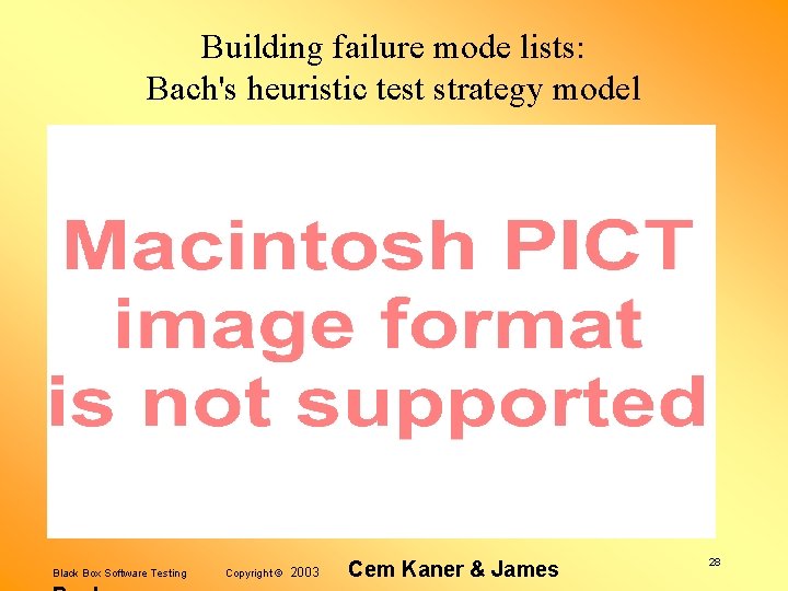 Building failure mode lists: Bach's heuristic test strategy model Black Box Software Testing Copyright