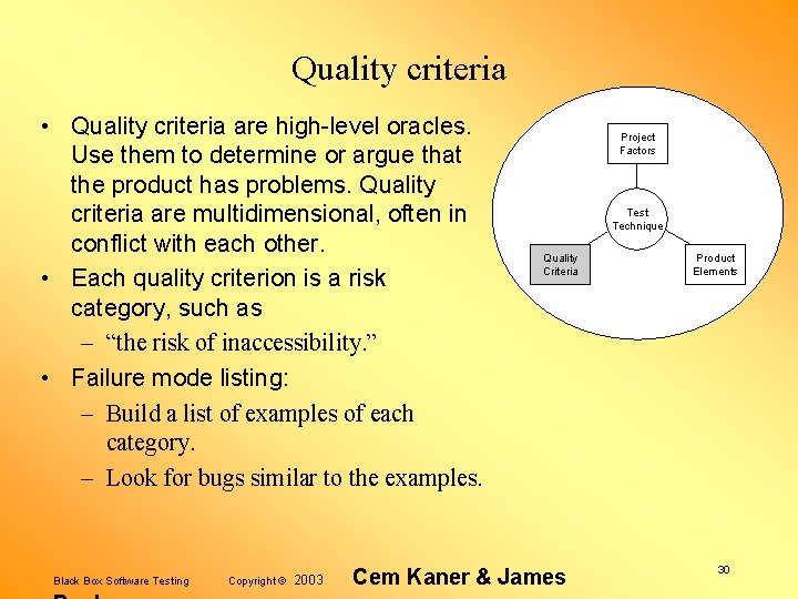 Quality criteria • Quality criteria are high-level oracles. Use them to determine or argue