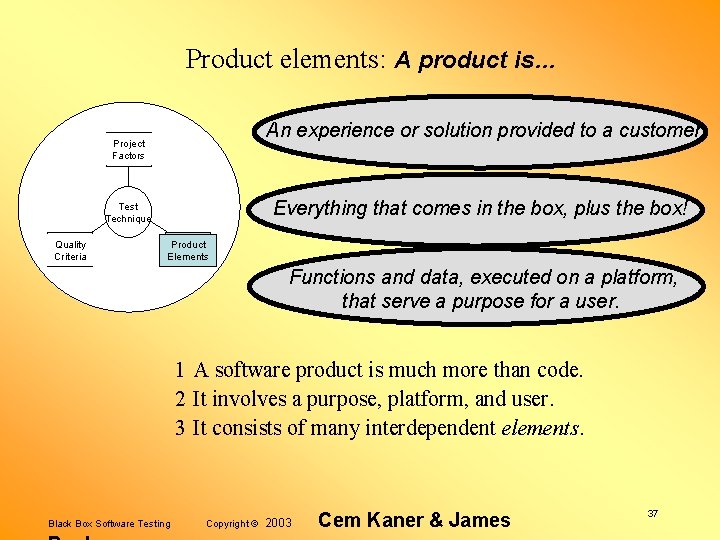 Product elements: A product is… An experience or solution provided to a customer. Project