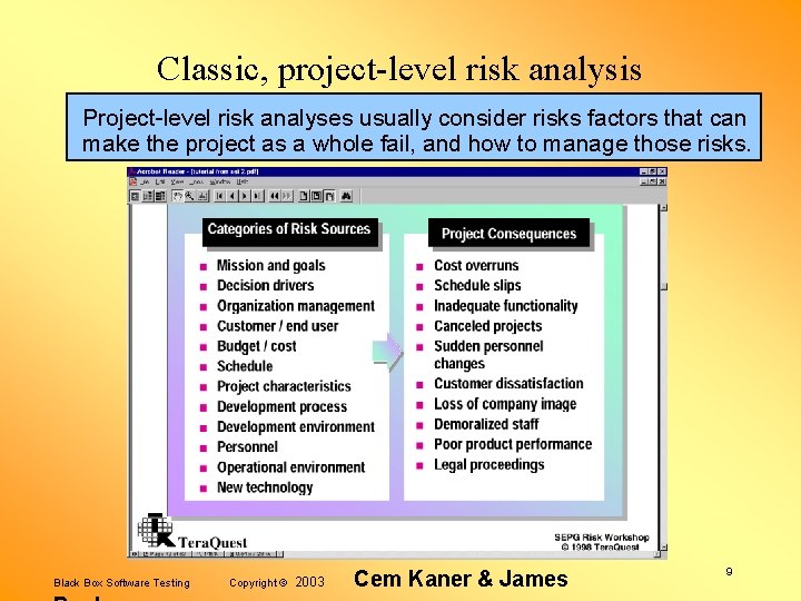 Classic, project-level risk analysis Project-level risk analyses usually consider risks factors that can make