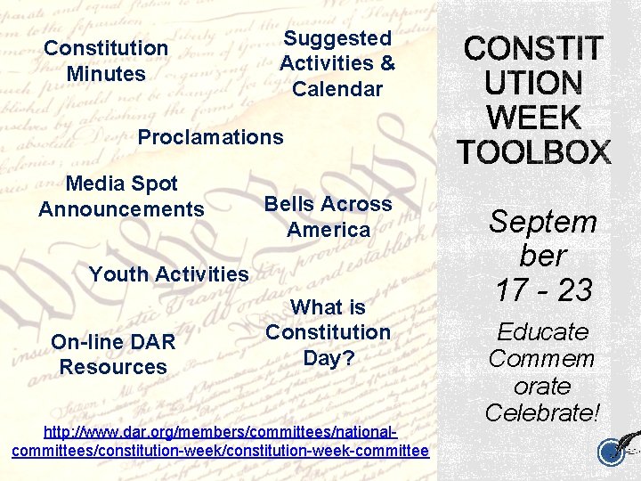 Constitution Minutes Suggested Activities & Calendar Proclamations Media Spot Announcements Bells Across America Youth