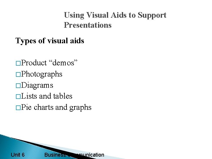 Using Visual Aids to Support Presentations Types of visual aids �Product “demos” �Photographs �Diagrams