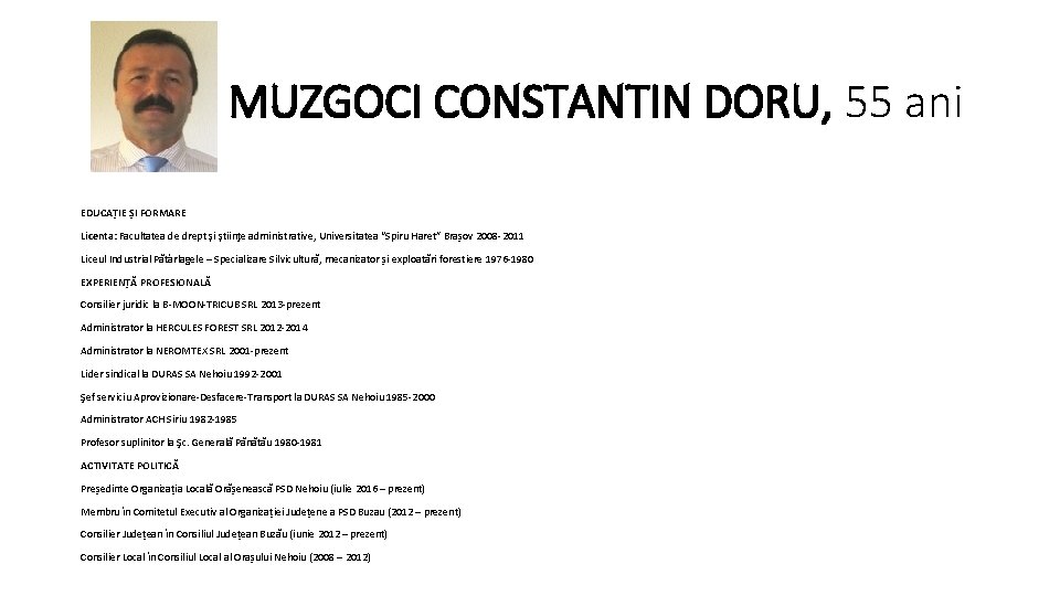 MUZGOCI CONSTANTIN DORU, 55 ani EDUCAȚIE ȘI FORMARE Licenta: Facultatea de drept şi ştiinţe MUZGOCI CONSTANTIN DORU, 55 ani EDUCAȚIE ȘI FORMARE Licenta: Facultatea de drept şi ştiinţe