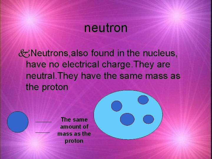 neutron k. Neutrons, also found in the nucleus, have no electrical charge. They are