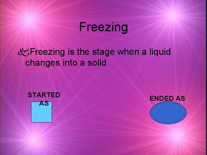Freezing k. Freezing is the stage when a liquid changes into a solid STARTED