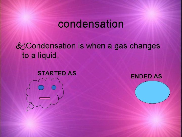 condensation k. Condensation is when a gas changes to a liquid. STARTED AS ENDED