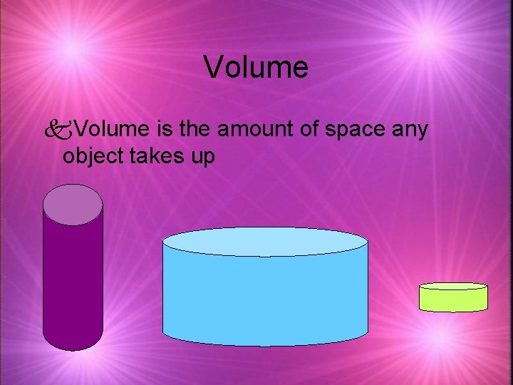 Volume k. Volume is the amount of space any object takes up 