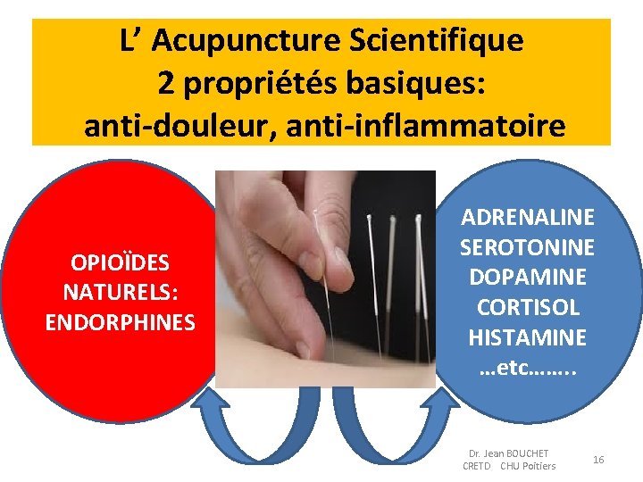 L’ Acupuncture Scientifique 2 propriétés basiques: anti-douleur, anti-inflammatoire OPIOÏDES NATURELS: ENDORPHINES ADRENALINE SEROTONINE DOPAMINE