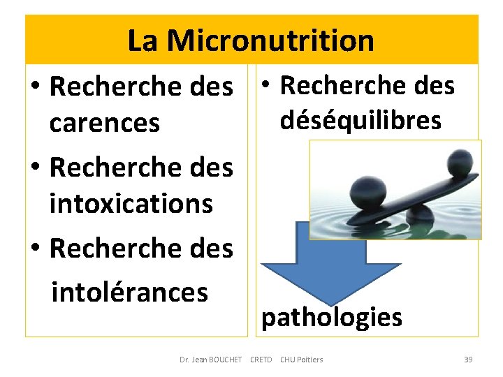 La Micronutrition • Recherche des déséquilibres carences • Recherche des intoxications • Recherche des
