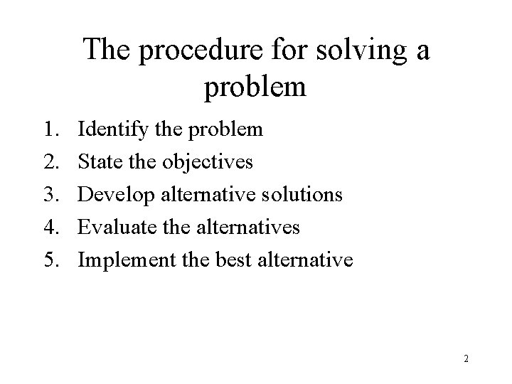 The procedure for solving a problem 1. 2. 3. 4. 5. Identify the problem The procedure for solving a problem 1. 2. 3. 4. 5. Identify the problem
