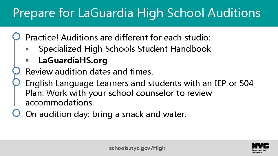 Prepare for La. Guardia High School Auditions Practice! Auditions are different for each studio: