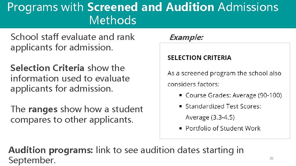 Programs with Screened and Audition Admissions Methods School staff evaluate and rank applicants for