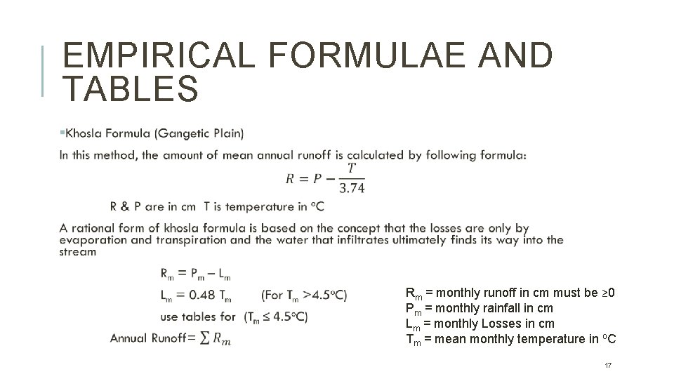 EMPIRICAL FORMULAE AND TABLES Rm = monthly runoff in cm must be ≥ 0