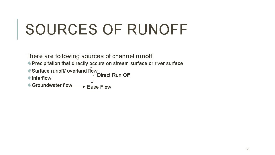 SOURCES OF RUNOFF There are following sources of channel runoff Precipitation that directly occurs