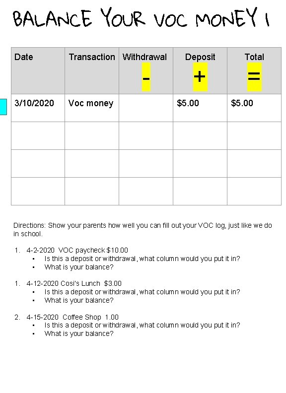 BALANCE YOUR VOC MONEY 1 Date Transaction Withdrawal 3/10/2020 Voc money Deposit Total +