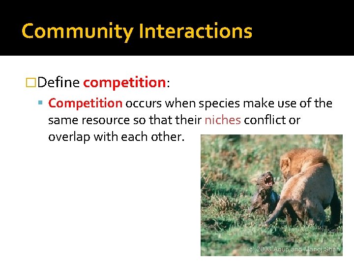 Community Interactions �Define competition: Competition occurs when species make use of the same resource