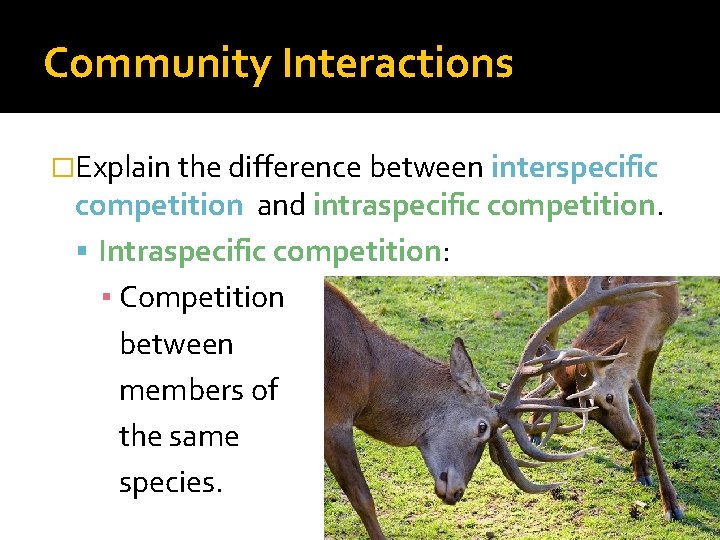 Community Interactions �Explain the difference between interspecific competition and intraspecific competition. Intraspecific competition: ▪